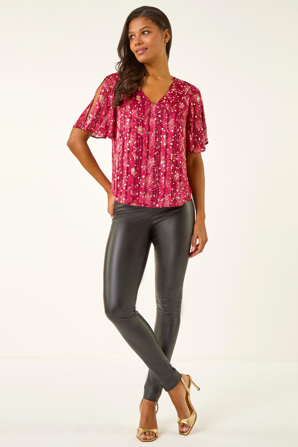 Red Metallic Angel Sleeve V-Neck Top, Image 3 of 5