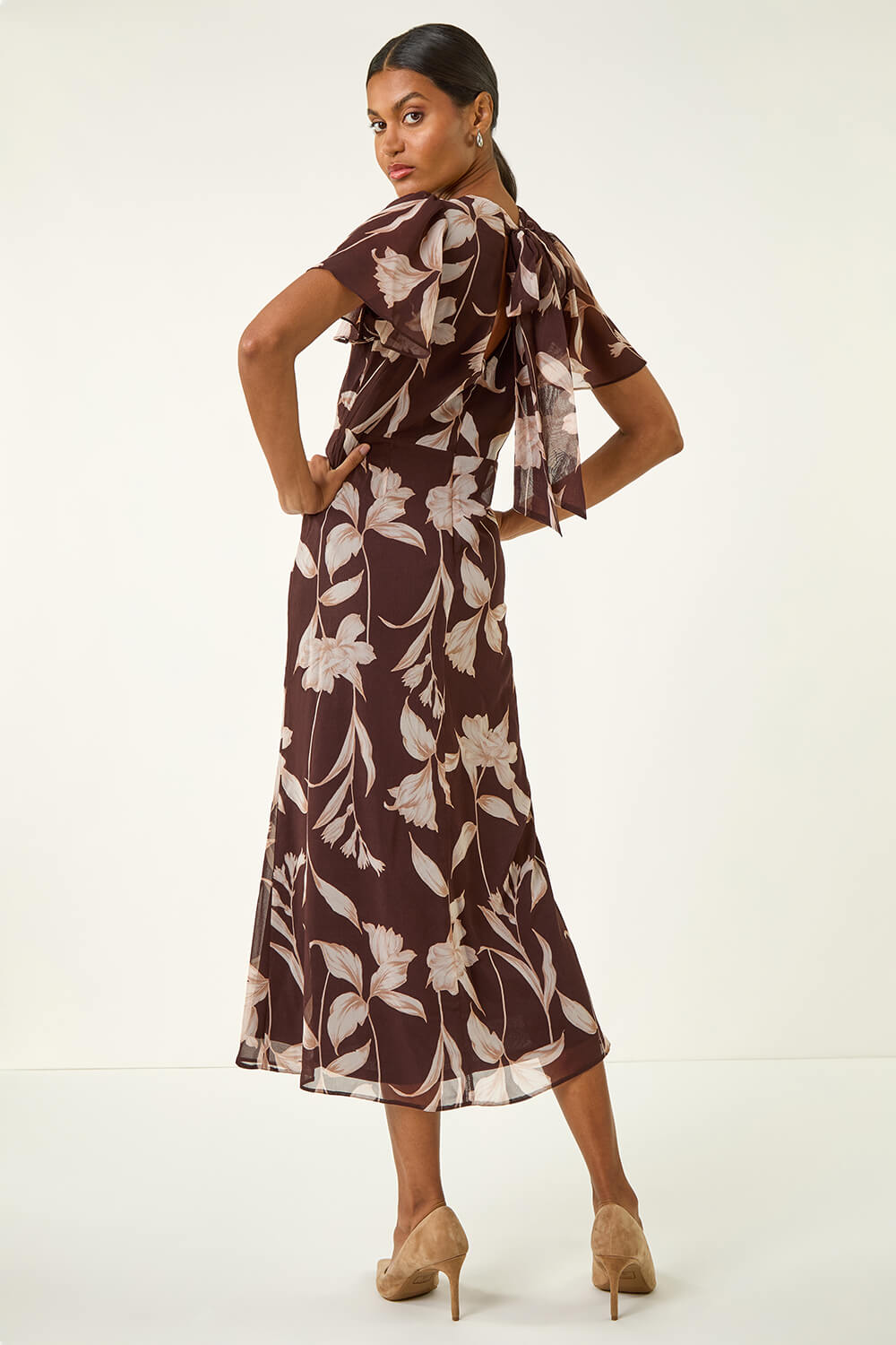 Chocolate Floral Print Flutter Sleeve Midi Dress, Image 3 of 4