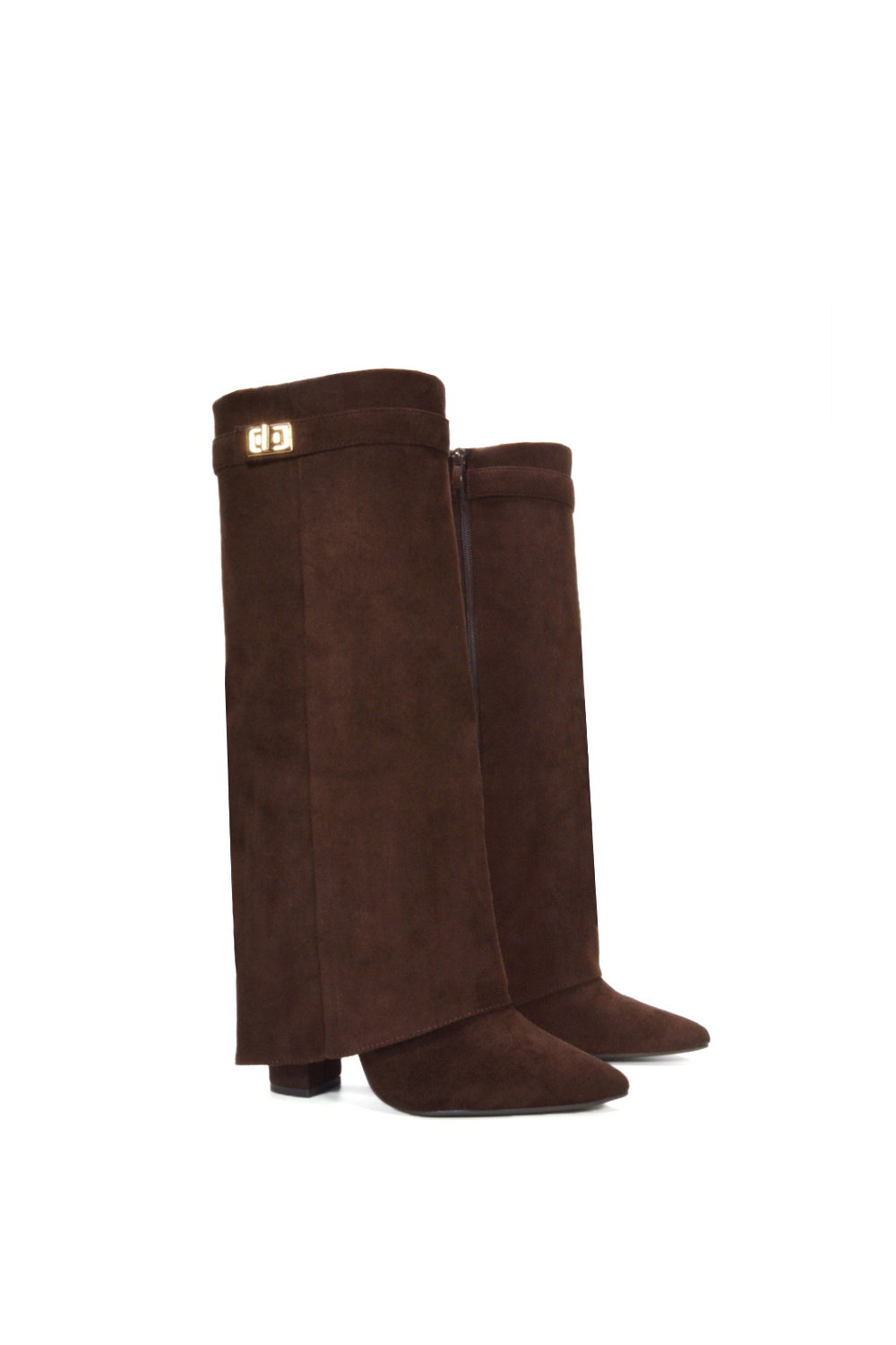 Chocolate XY LONDON Chocolate 'Rayna' Block Heel Knee High Foldover Boots With Pointed Toe, Image 5 of 5