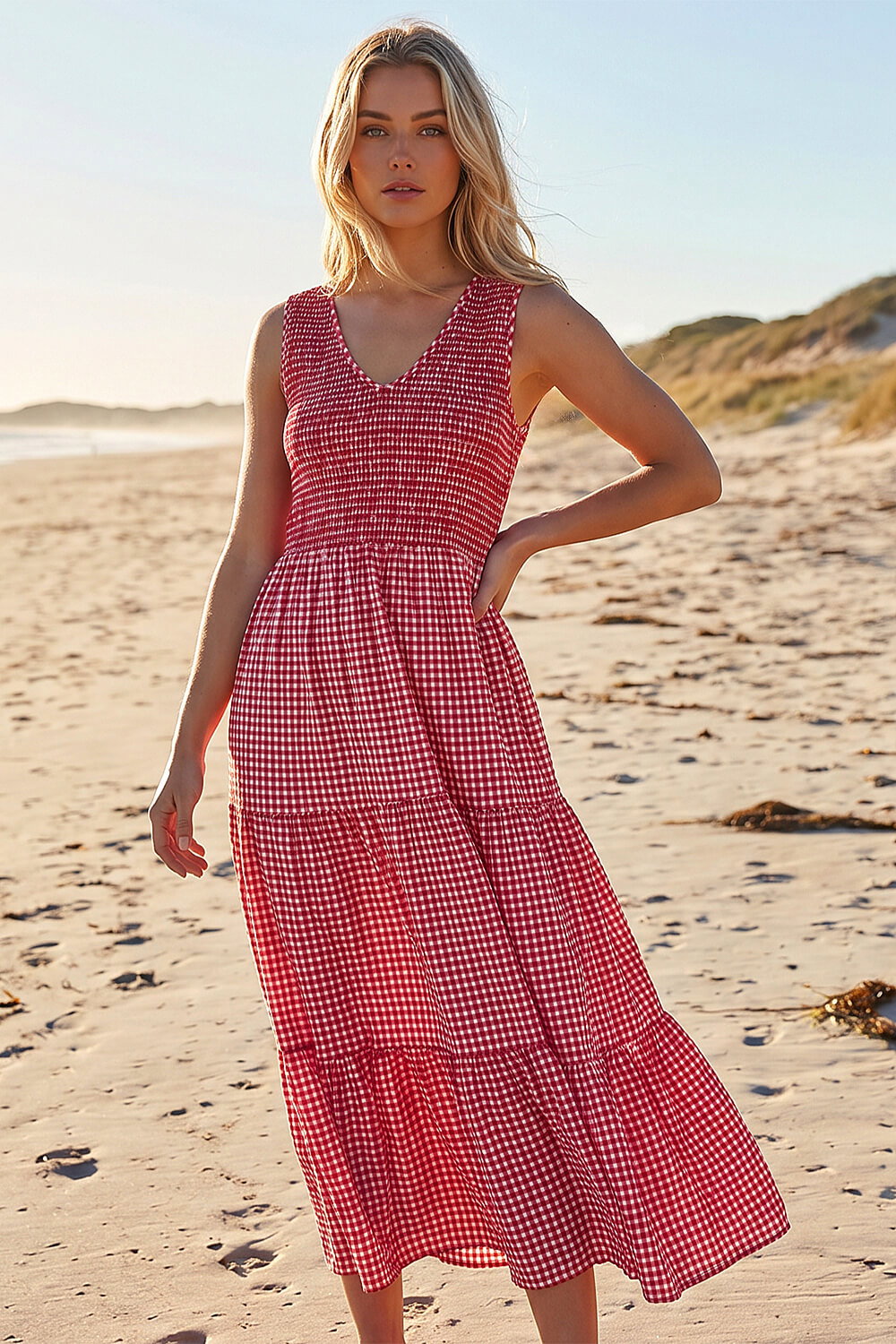Red Dusk Gingham Tiered Midi Dress, Image 3 of 4