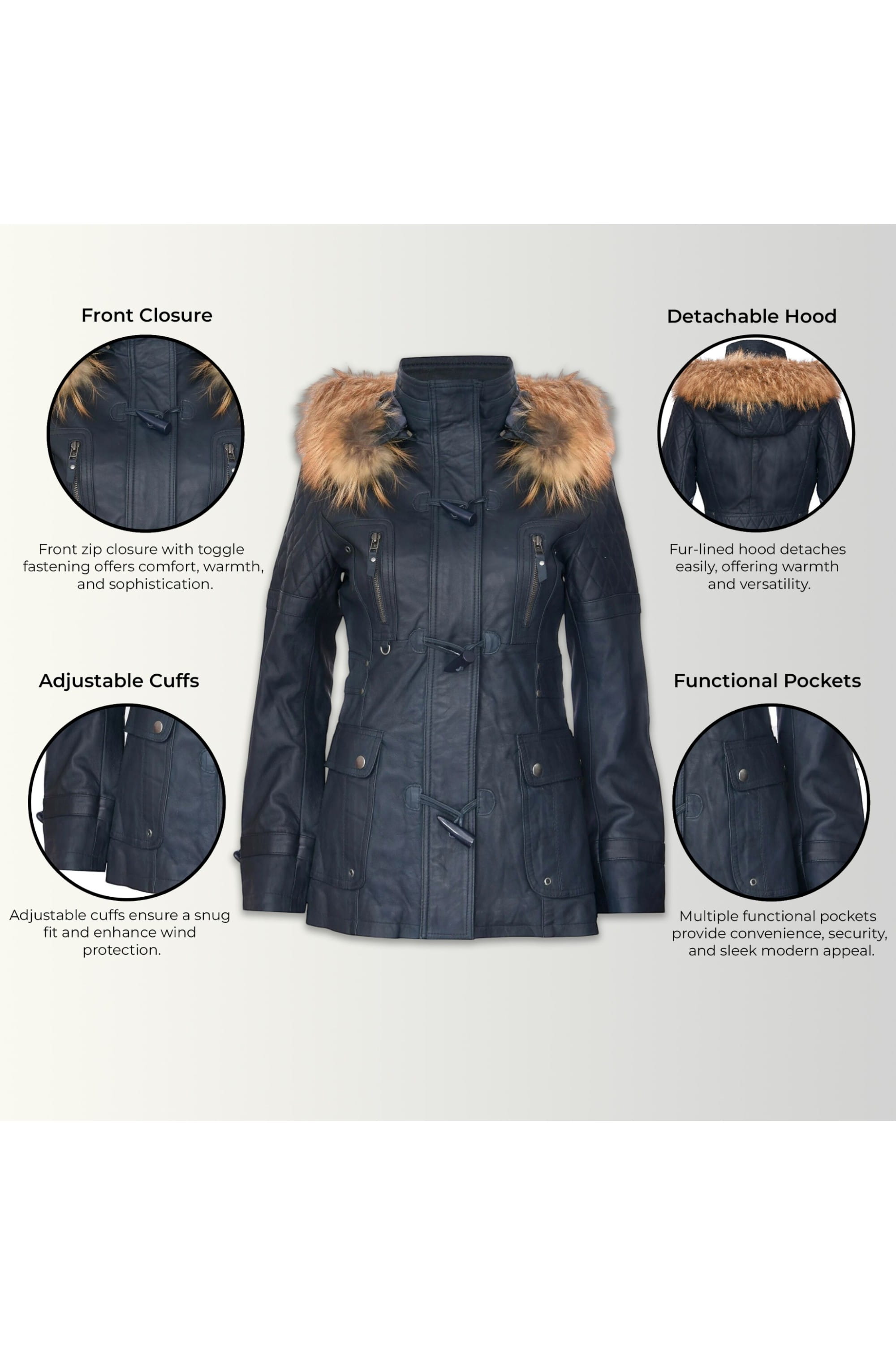 Navy Lamb Leather Parka Fur Hood Jacket, Image 3 of 6