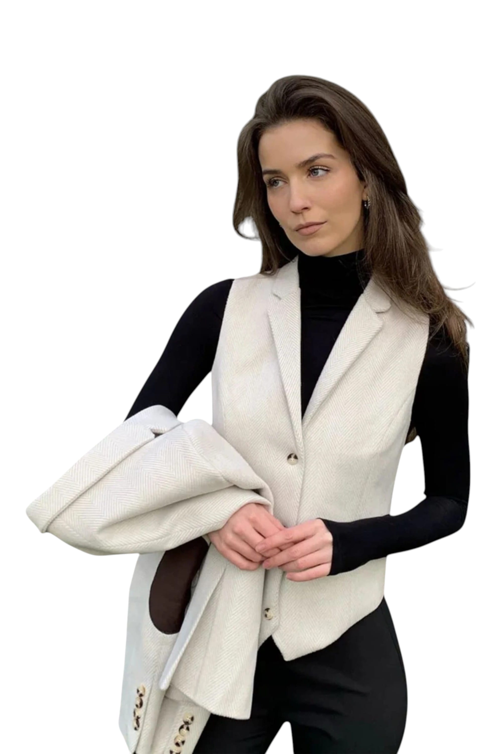 Cream Infinity Leather Cream Women's Cream Wool Blend Tweed Waistcoat, Image 2 of 4