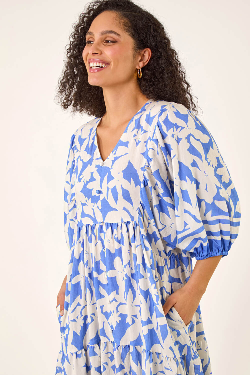 Blue Floral Print V-Neck Maxi Dress , Image 5 of 5