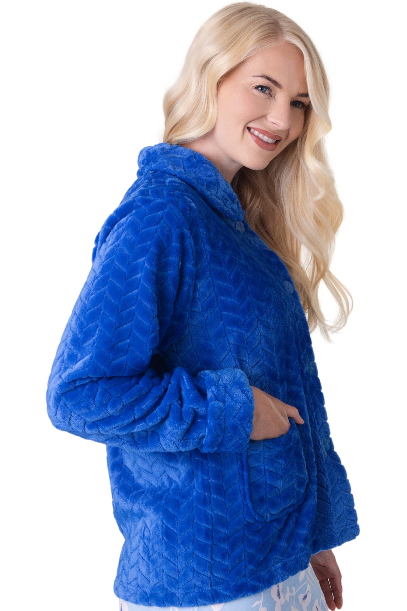 Blue Camille Lingerie Blue Supersoft Button Front Embossed Bed Jacket, Image 4 of 5
