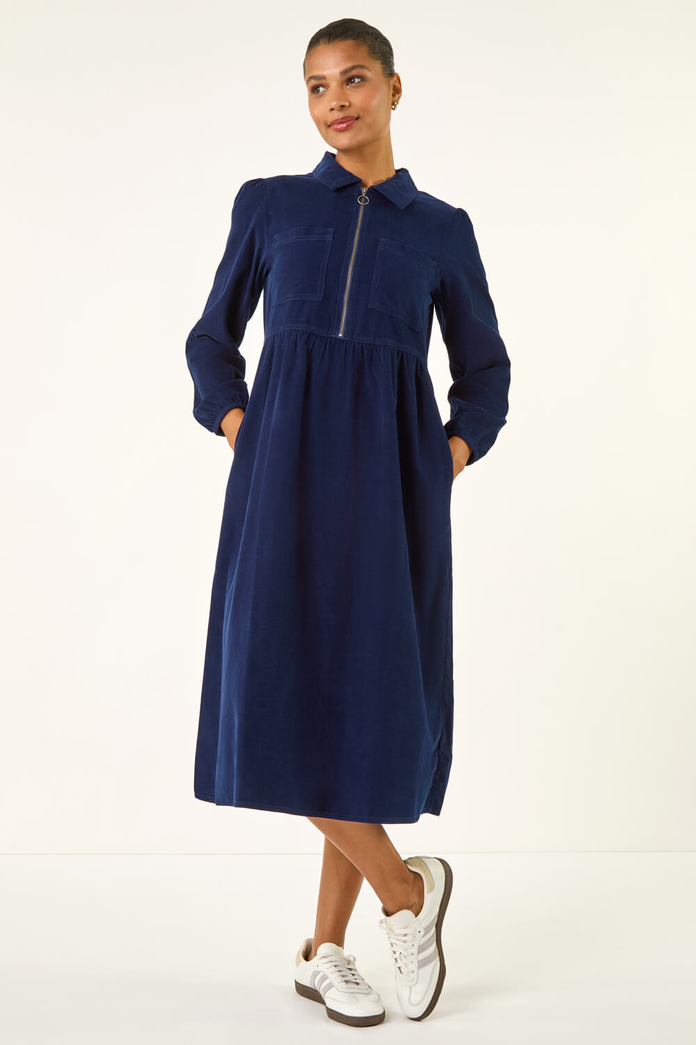 Navy Corduroy Zip Detail Midi Dress | Roman UK