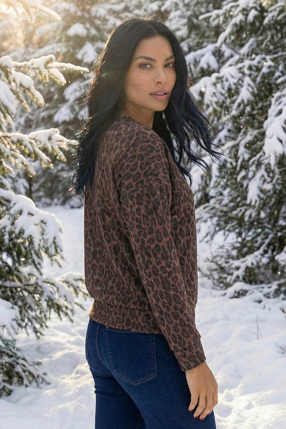 Chocolate Animal Print Metallic Stretch Top, Image 1 of 6