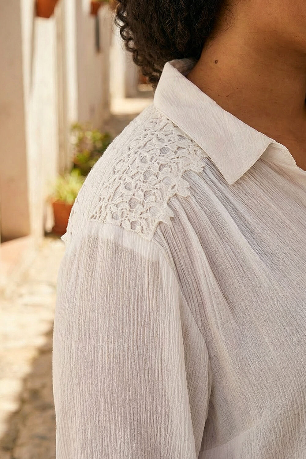 Ivory Curve Lace Detail Crinkle Blouse, Image 5 of 4