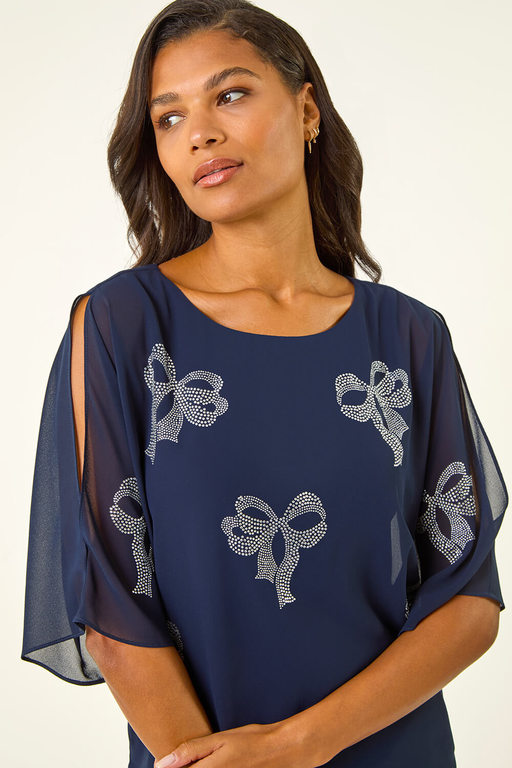 Navy  Bow Embellished Cold Shoulder Top, Image 6 of 6