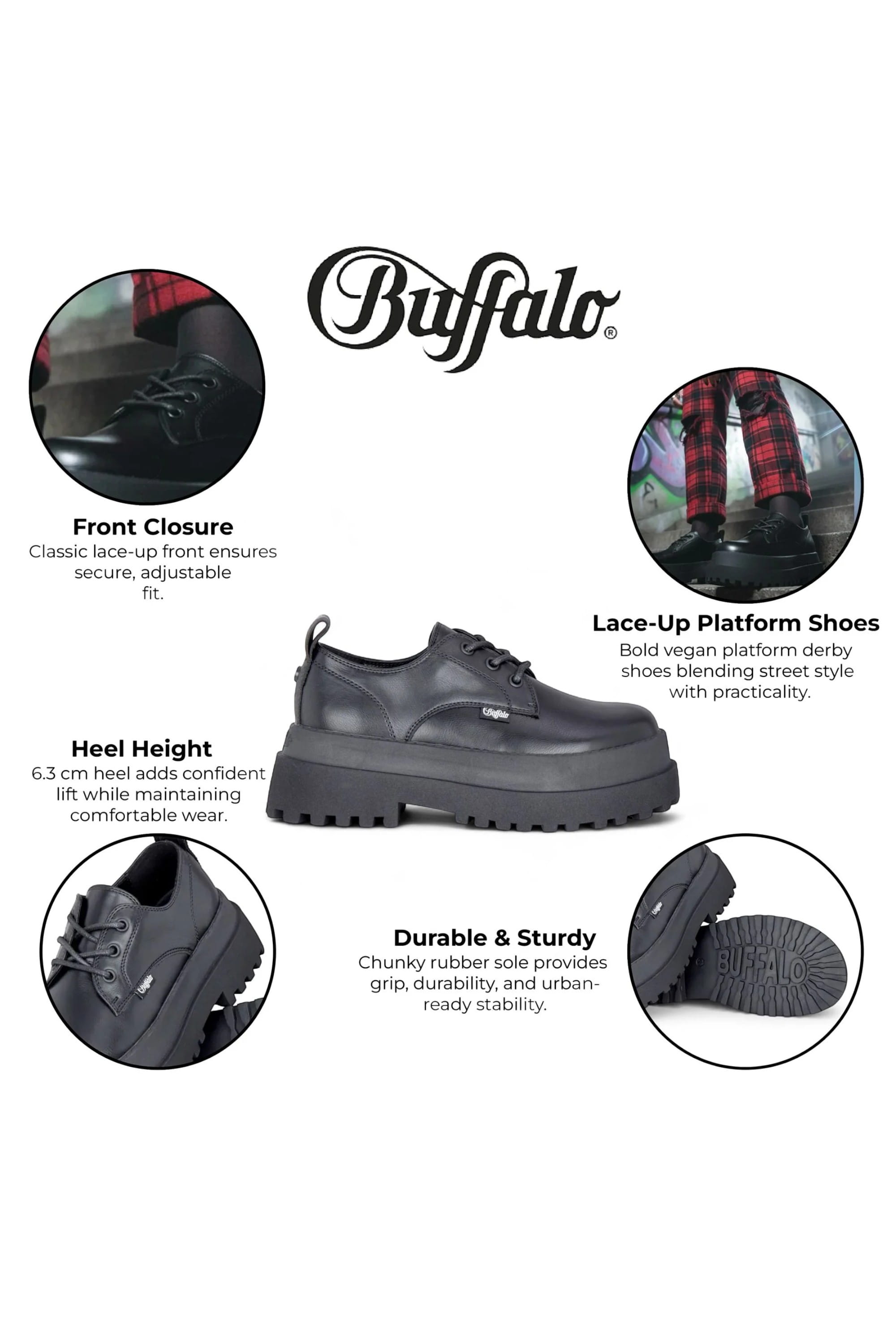 Black Womens Chunky Lace-Up Derby Shoes Pluto, Image 3 of 6