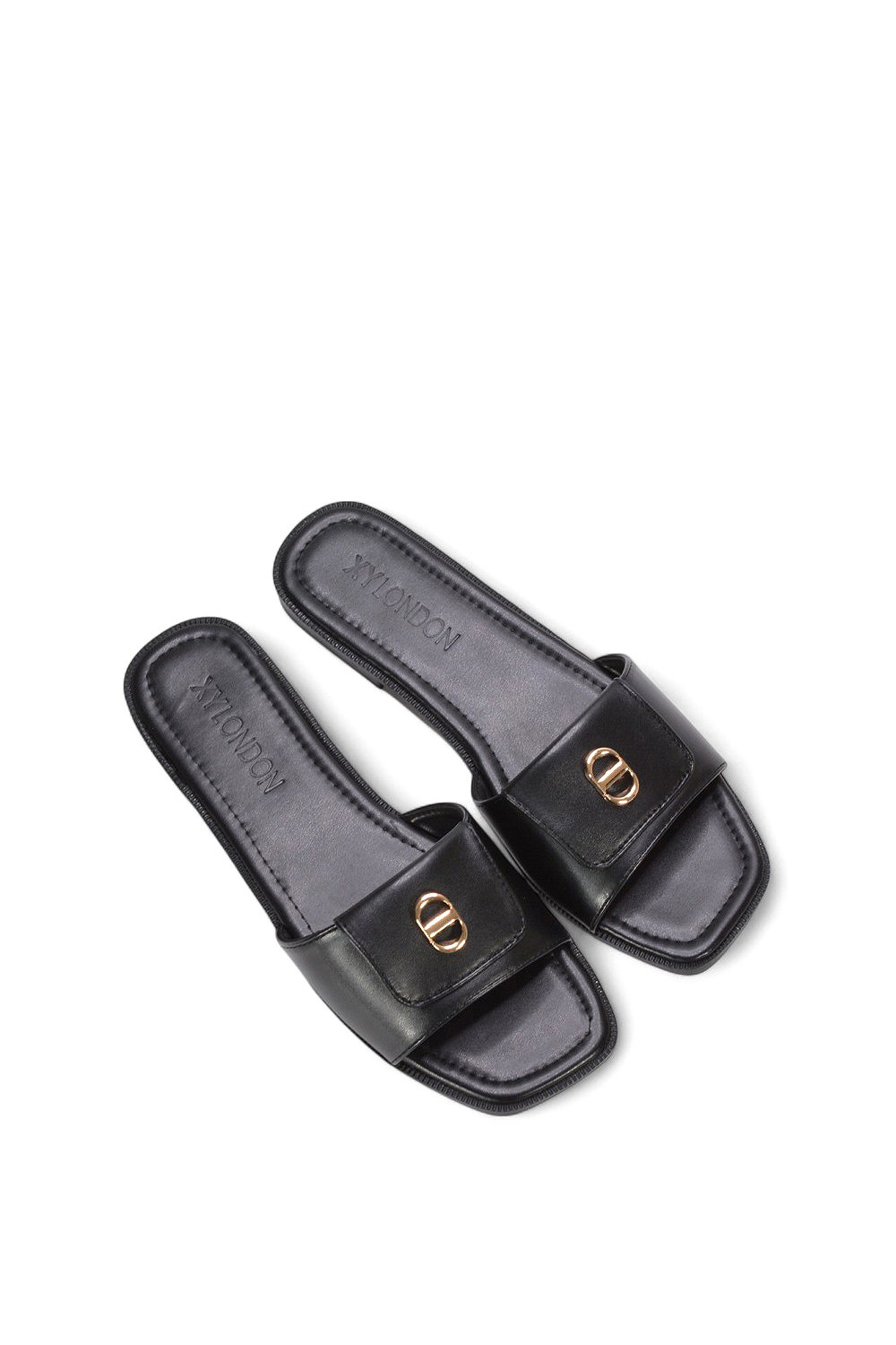 Black XY LONDON Black 'Leigh' Open Toe Foldover Buckle Slip On Flat Slider Mules, Image 5 of 5