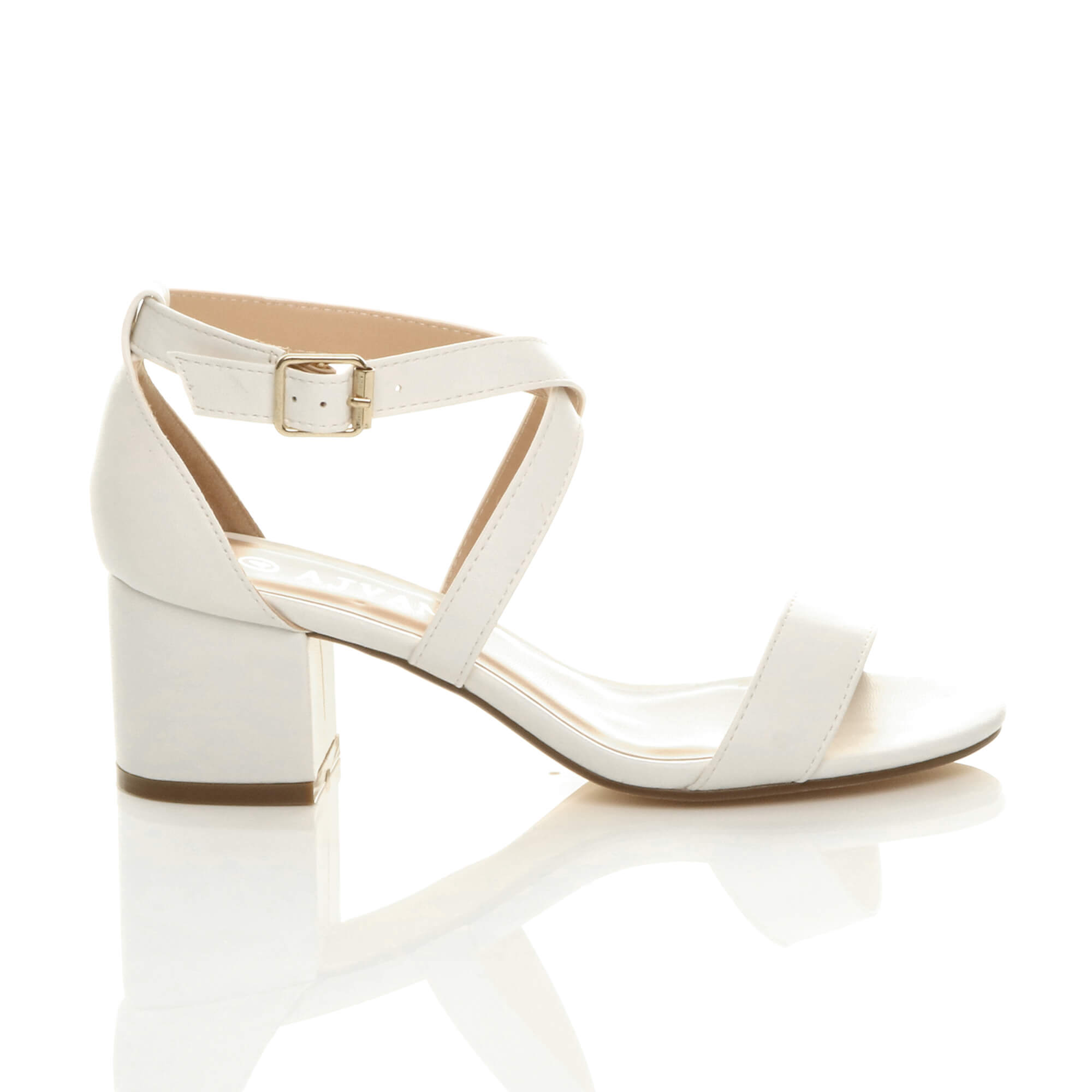 White AJVANI White Mid Block Heel Crossed Straps Sandals, Image 2 of 6
