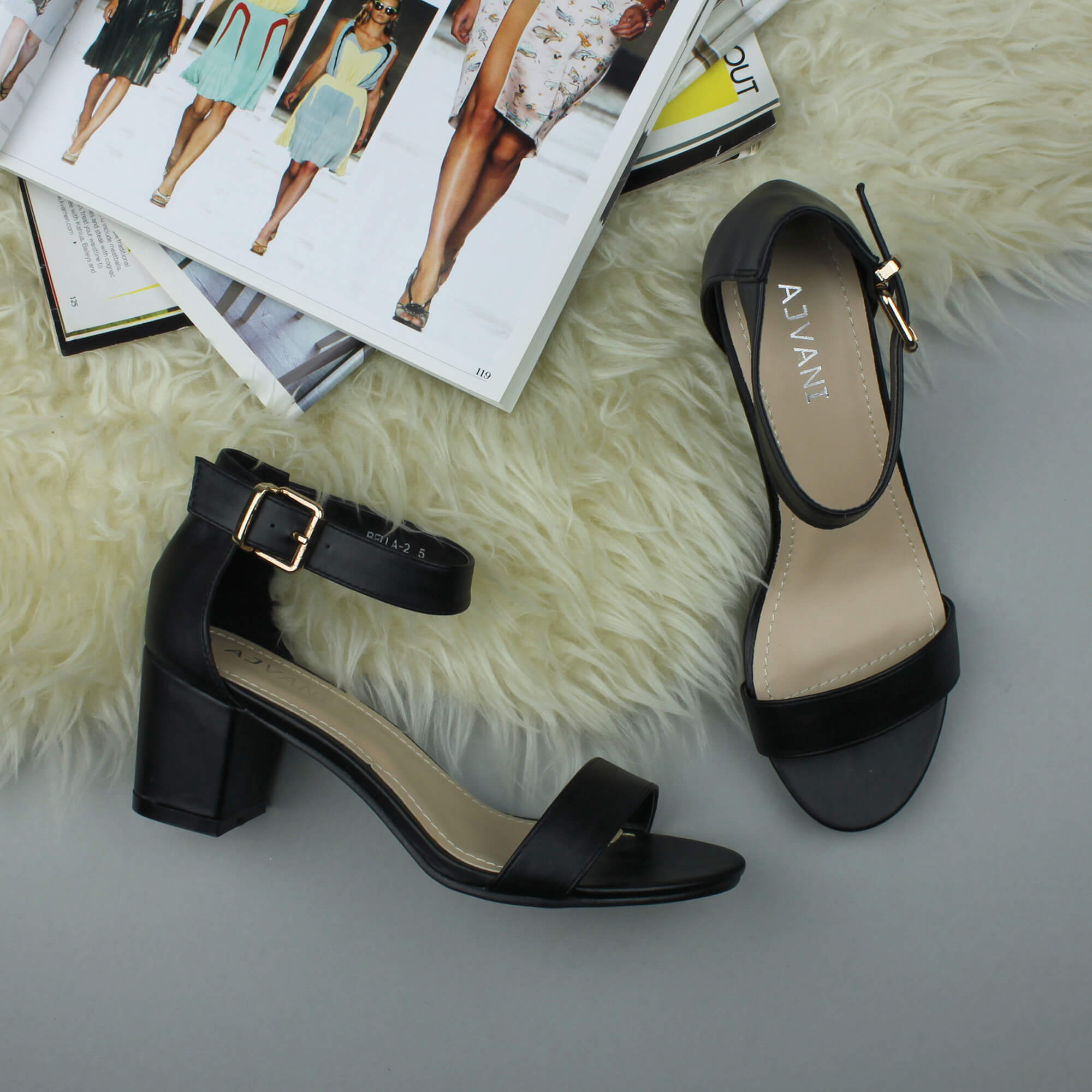 Black AJVANI Black Mid Block Heel Ankle Strap Sandals, Image 4 of 6