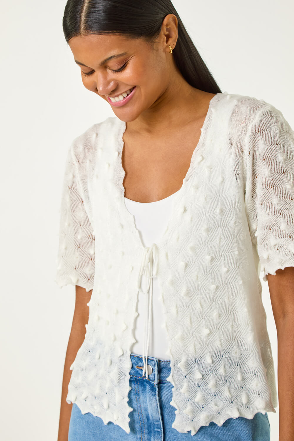 Ivory Textured Tie Front Shrug, Image 5 of 5