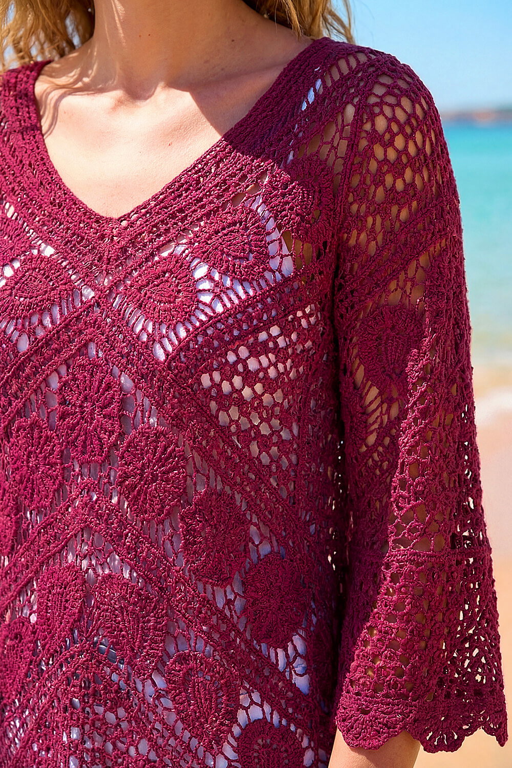 Maroon Crochet Lace V-Neck Open Knit, Image 5 of 4