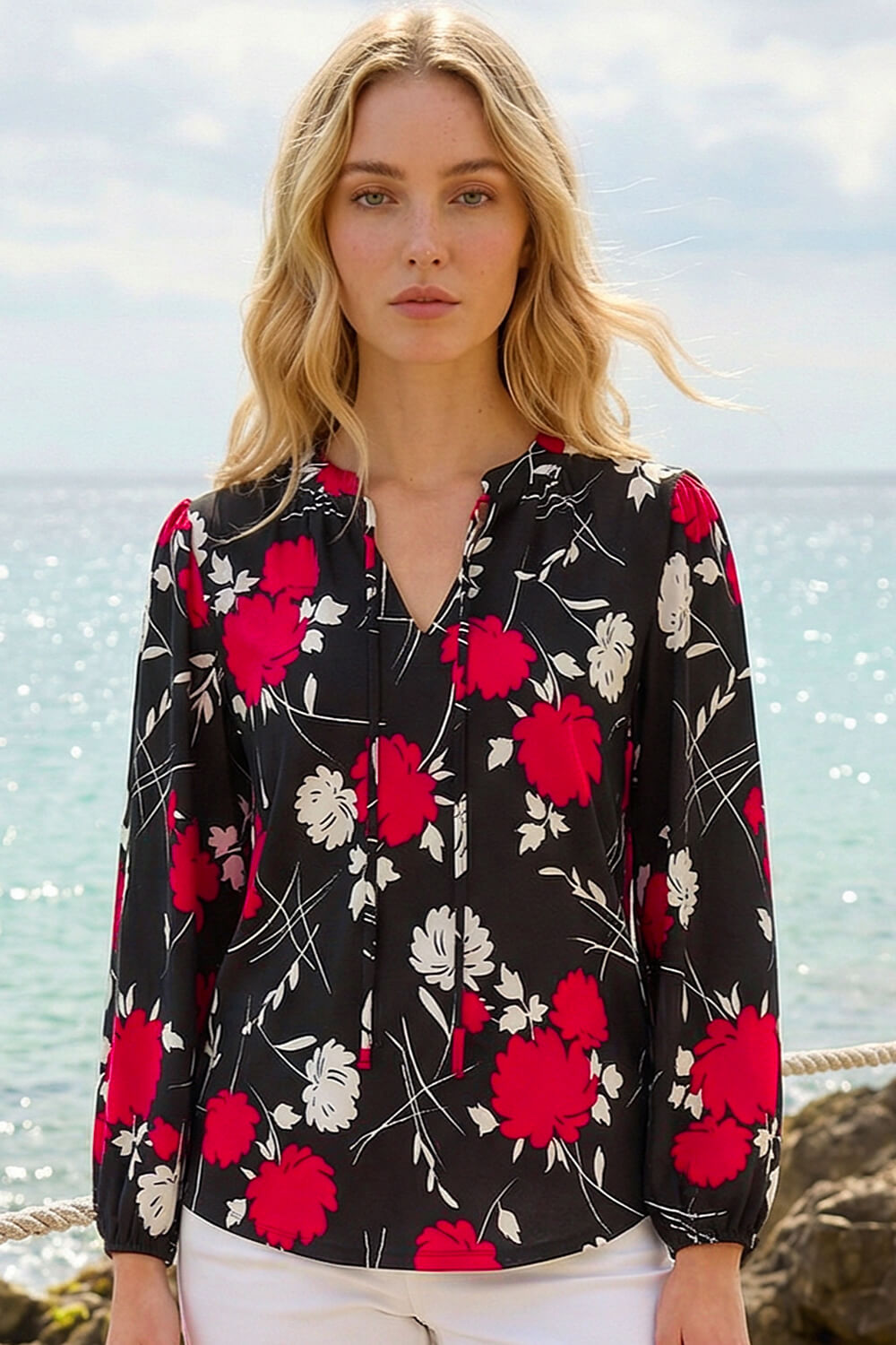 Red Floral Tile Print Stretch Top, Image 1 of 4