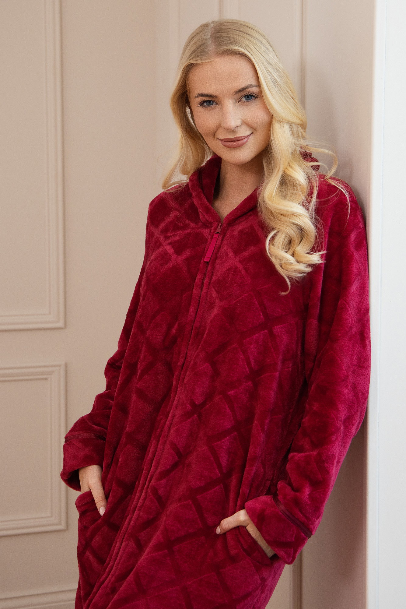 Burgundy Full Length Zip Housecoat With Inseam Pockets, Image 3 of 5