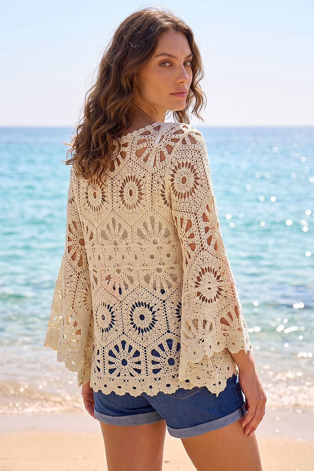Natural Petite Crochet Flare Sleeve Top, Image 4 of 4