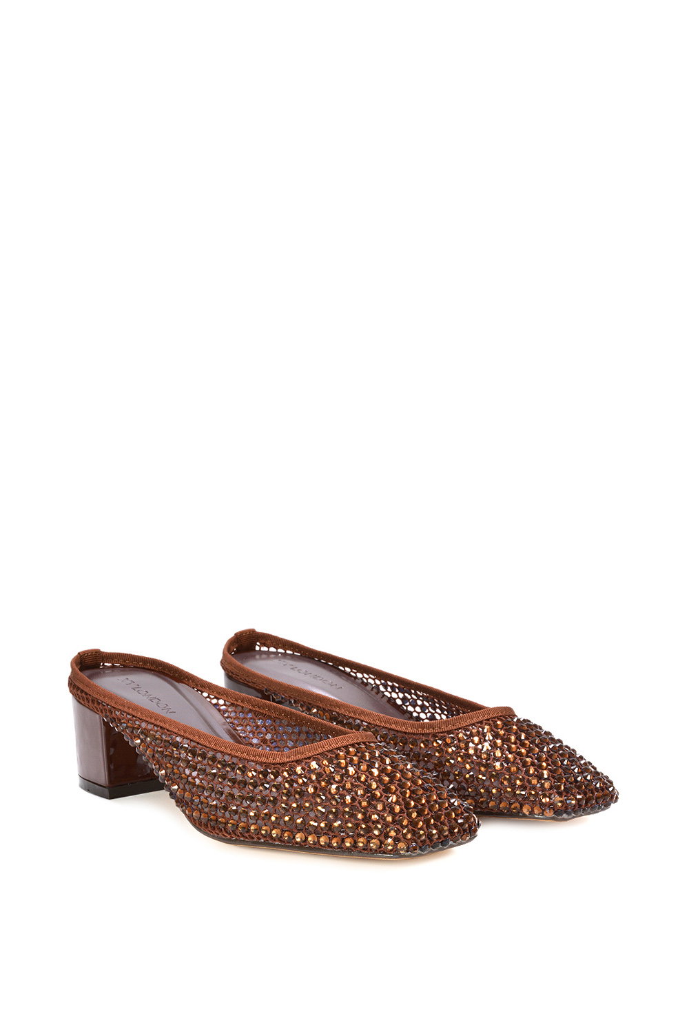 Brown XY LONDON Brown 'Brooklyn' Square Toe Court Shoe Mule Block Heels With Crystal Mesh, Image 3 of 6