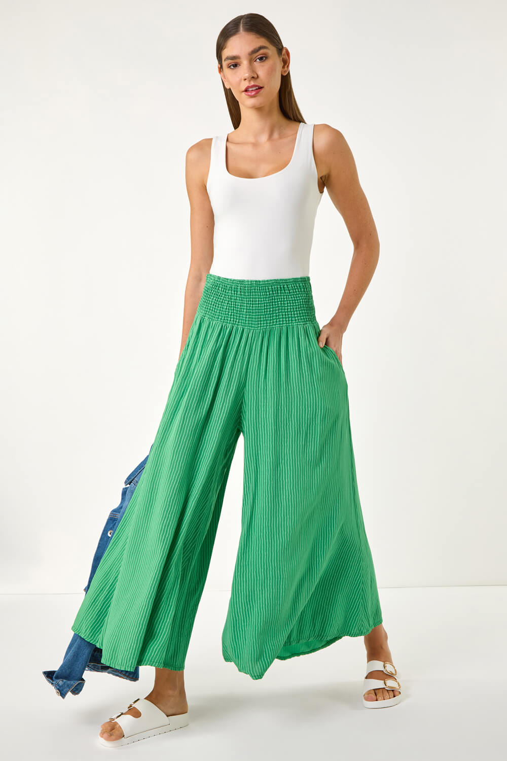 Green Fine Stripe Wide Culotte Trouser, Image 3 of 5
