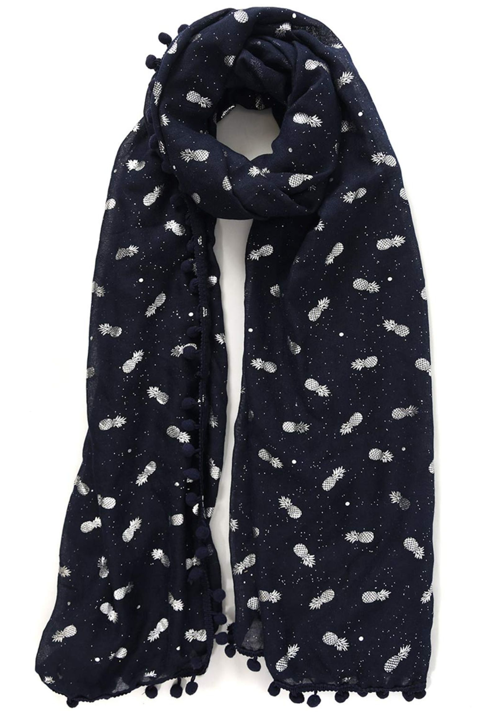 Navy Blue Pom Pom Pineapple Foil Scarf, Image 4 of 4