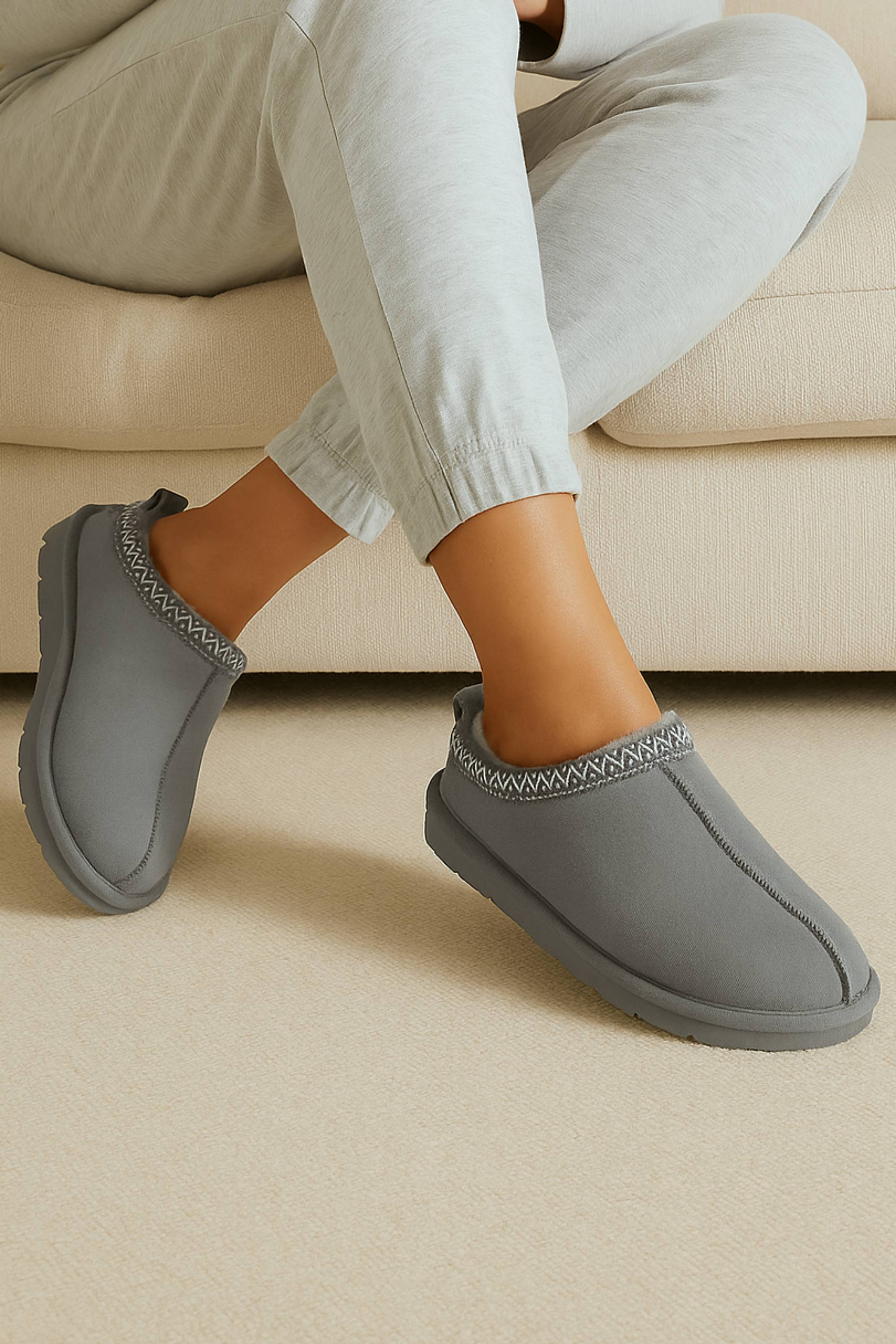 Grey Faux Fur Lined Comfy Aztec Embroidered Ultra Mini Booties Slippers, Image 1 of 6
