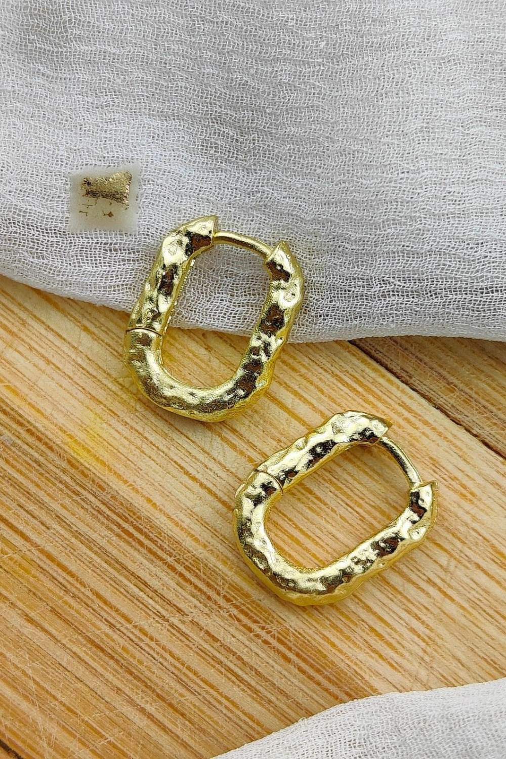 Gold Sterling Silver U-Shape Hammered Huggie Hoops, Image 1 of 3