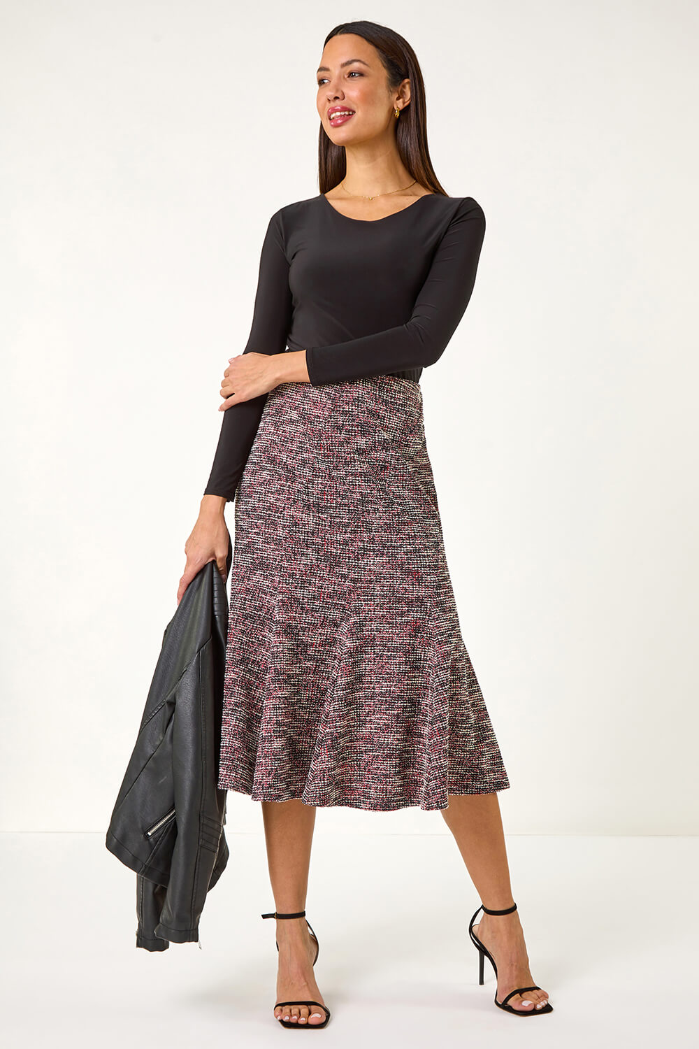 Roman Women's Red Textu Boucle Panel Stretch Skirt Size 16