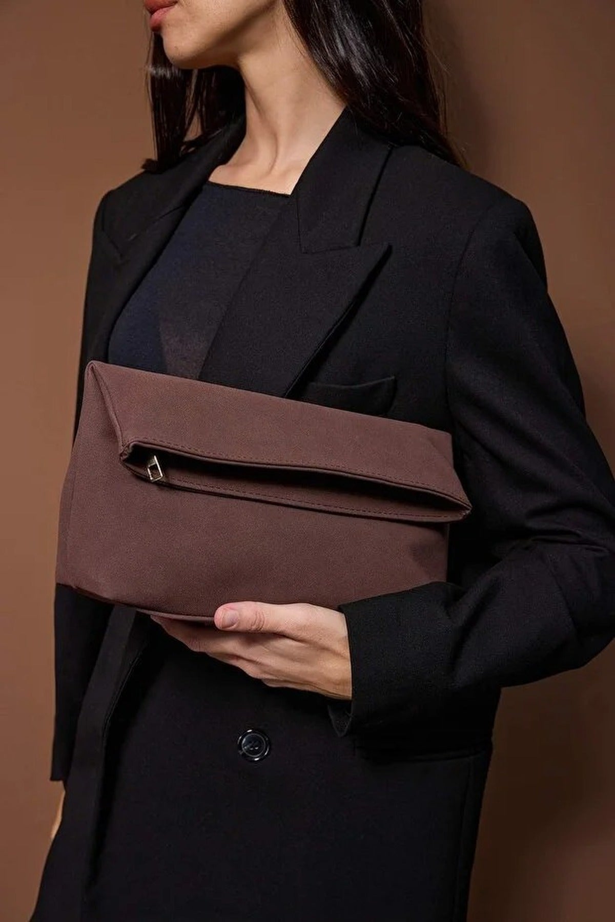 Brown WOVCOR Brown Soft Suede Foldover Clutch Bag, Image 1 of 5