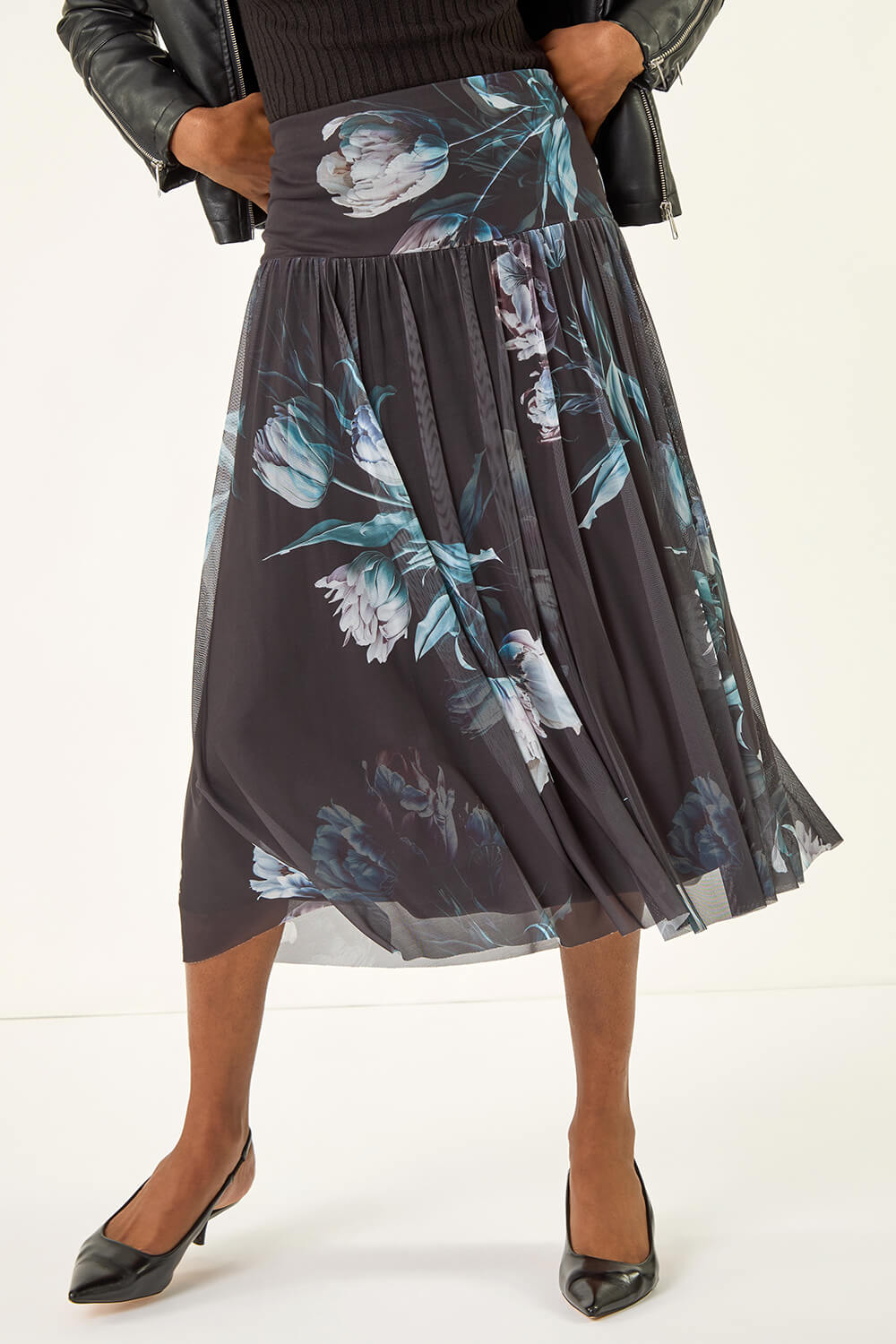 Black Floral Print Mesh Layered Skirt, Image 1 of 5