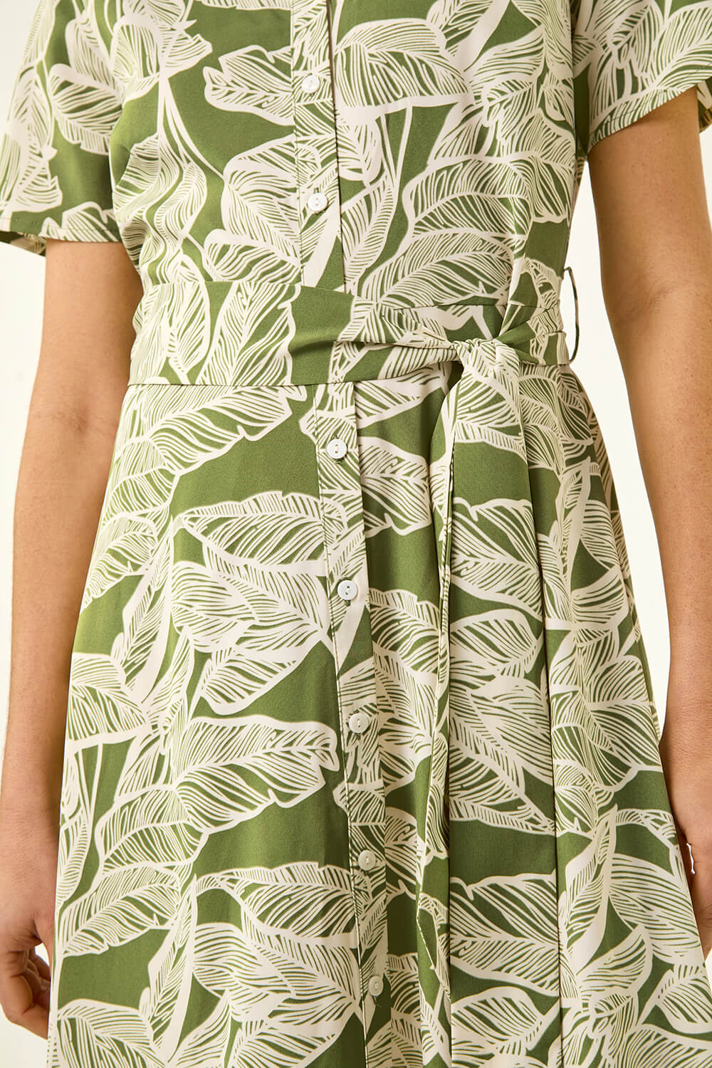 Green Leaf Print Belted Shirt Dress, Image 6 of 5