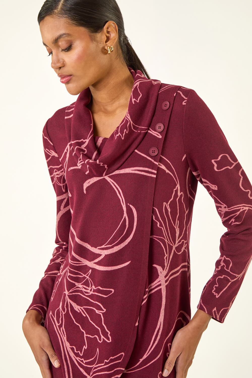 Burgundy Printed Cowl Neck Stretch Top, Image 5 of 5