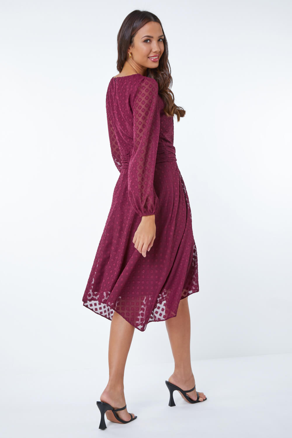 Wine Textured Diamond Belted Chiffon Midi Dress, Image 1 of 5