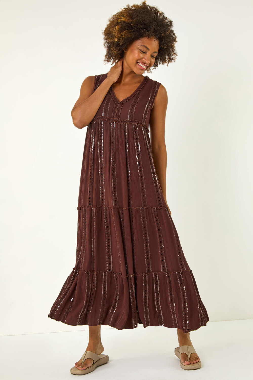 Chocolate Sequin Tiered Maxi Dress, Image 1 of 5