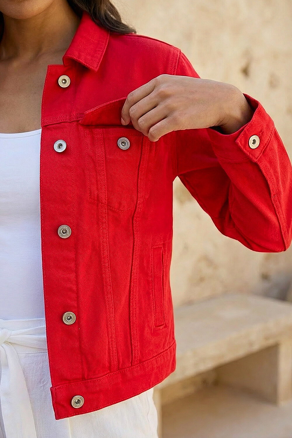 Red Classic Cotton Denim Jacket, Image 5 of 4