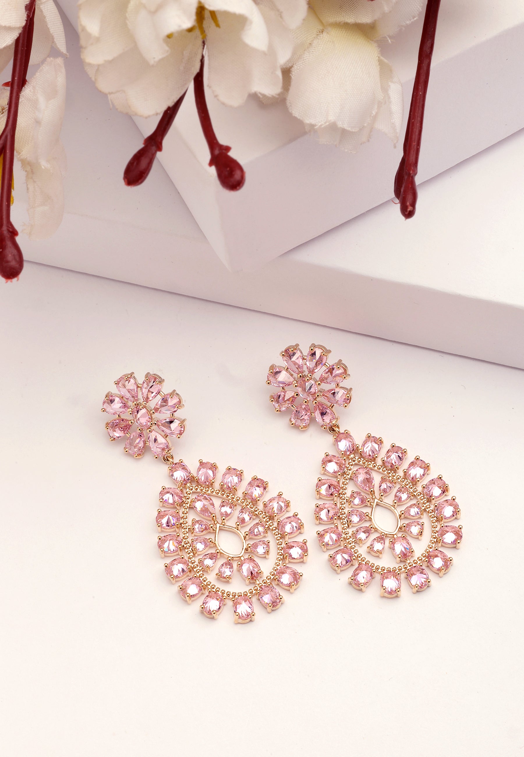 Pink Diva Gleaming Floral Drop Earrings, Image 2 of 5