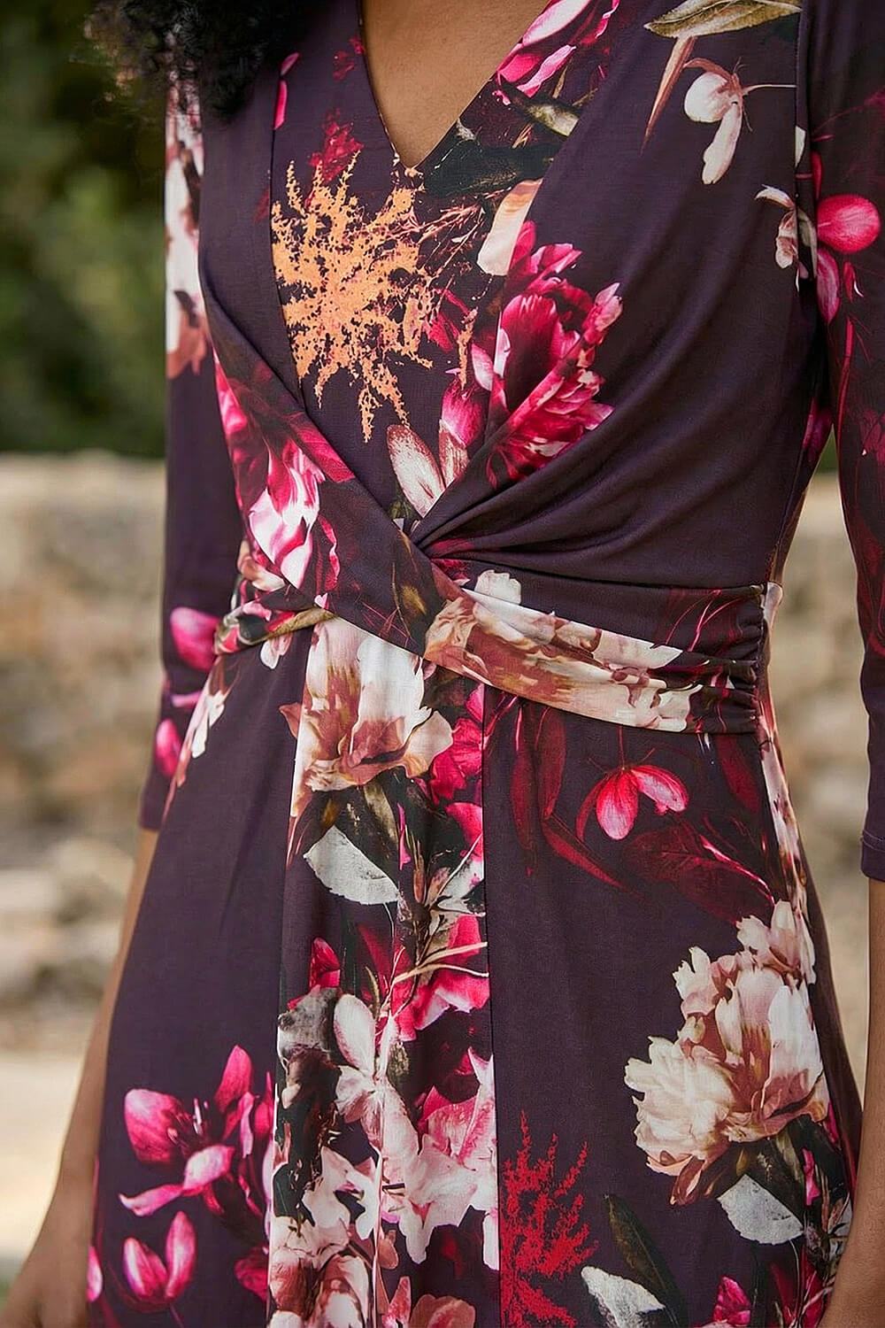Wine Floral Crossover Stretch Midi Dress, Image 5 of 4