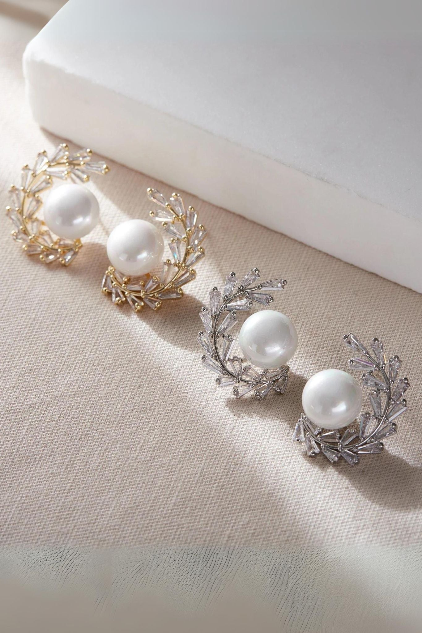 Gold Mia Gioielli Gold Leaf & Pearl Sparkly Statement Stud Earrings, Image 1 of 2