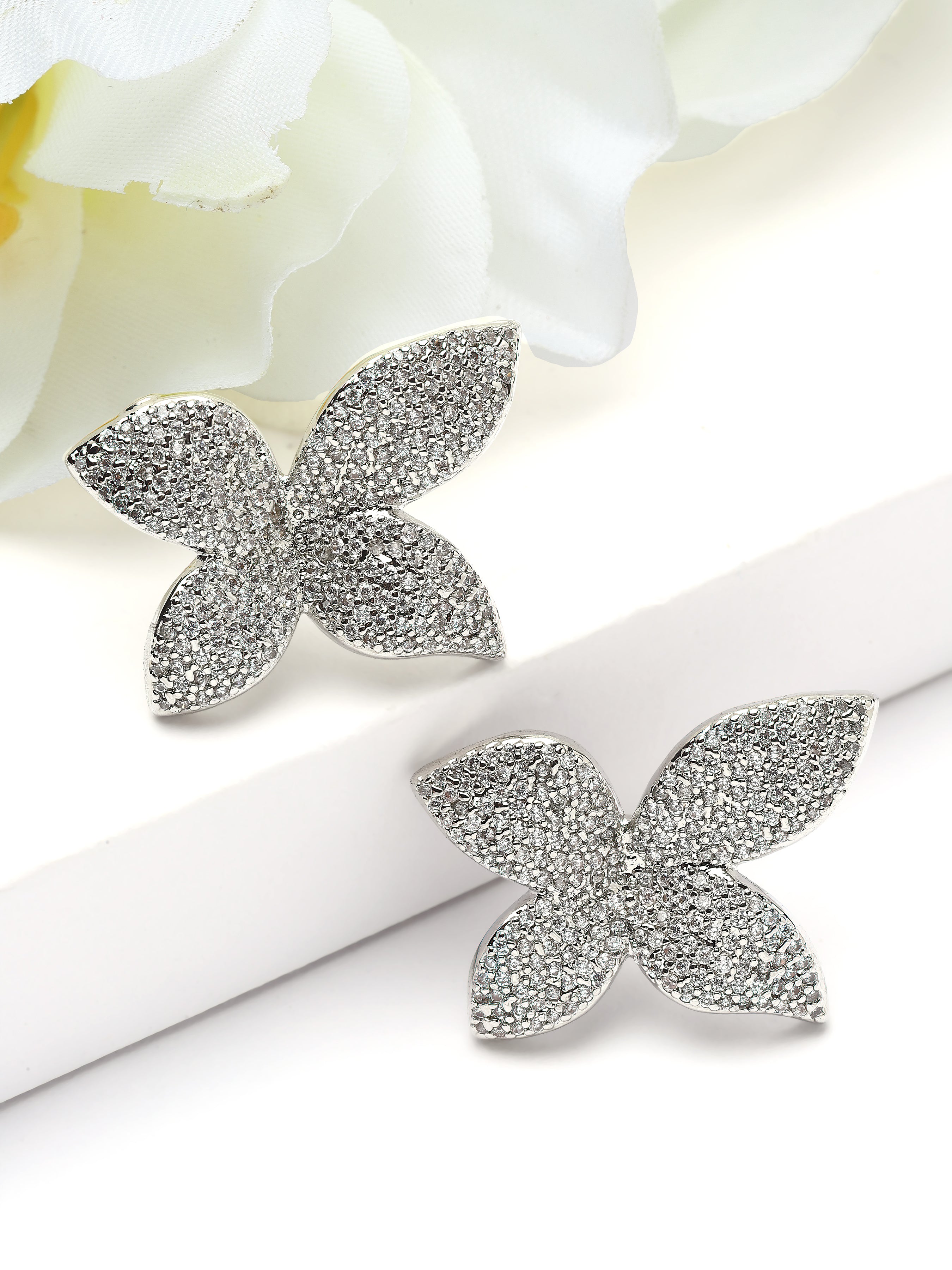 Silver Pavé Floral Stud Earrings, Image 3 of 3