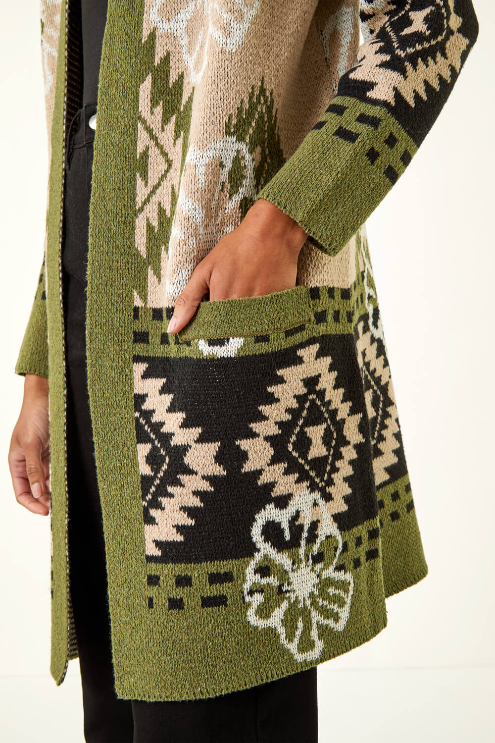 Olive Abstract Jacquard Knit Cardigan, Image 6 of 5