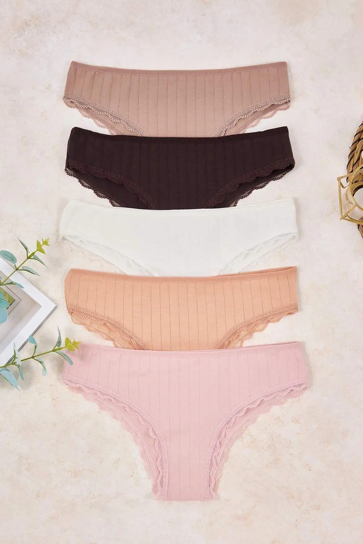 Multi 5 Pack Ribbed Lace Trim Cotton Rich Briefs Set, Image 2 of 2