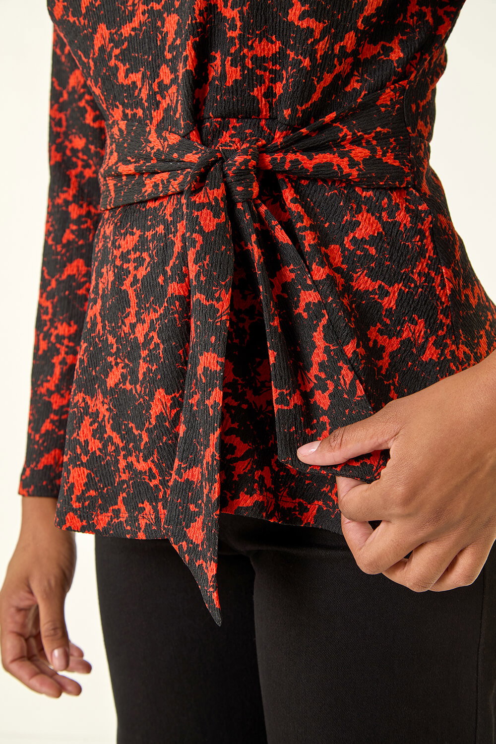 Orange Textured Crepe Tie Waist Top, Image 6 of 5