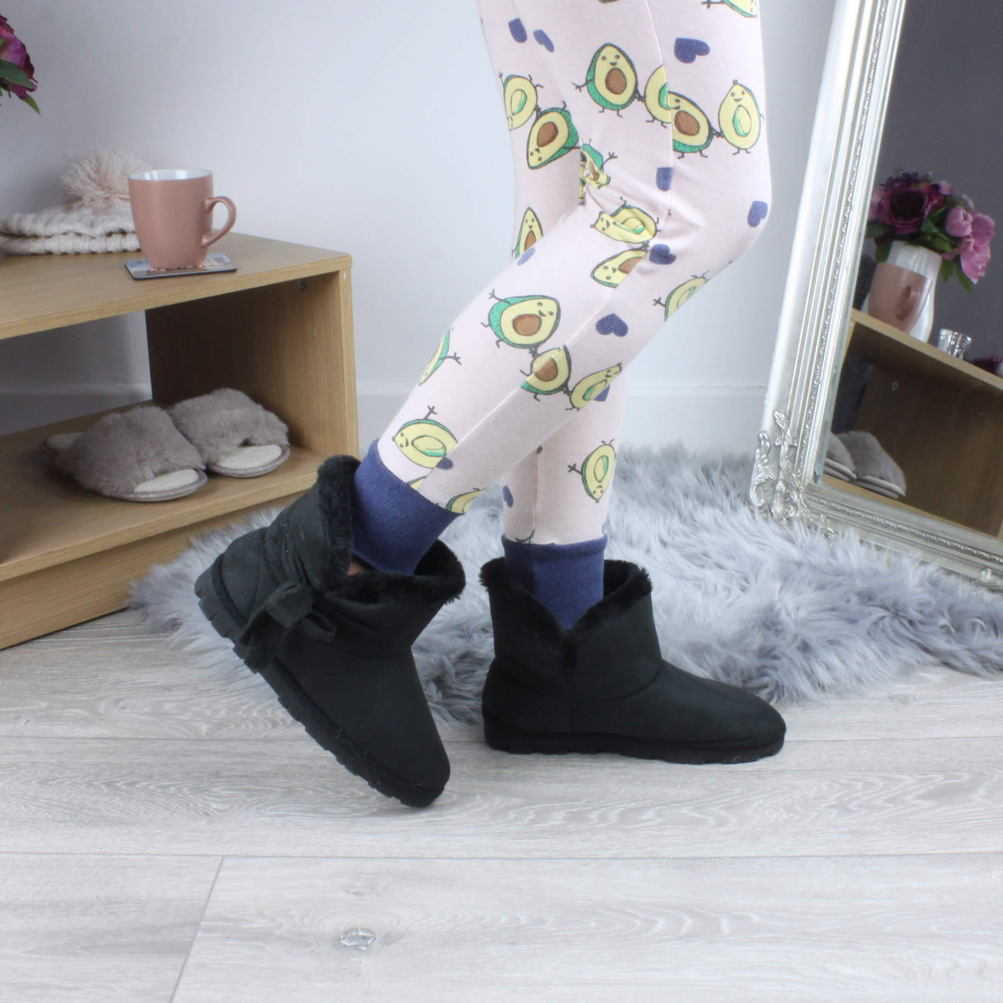 Black Faux Fur Lined Ankle Boots Slippers, Image 5 of 6
