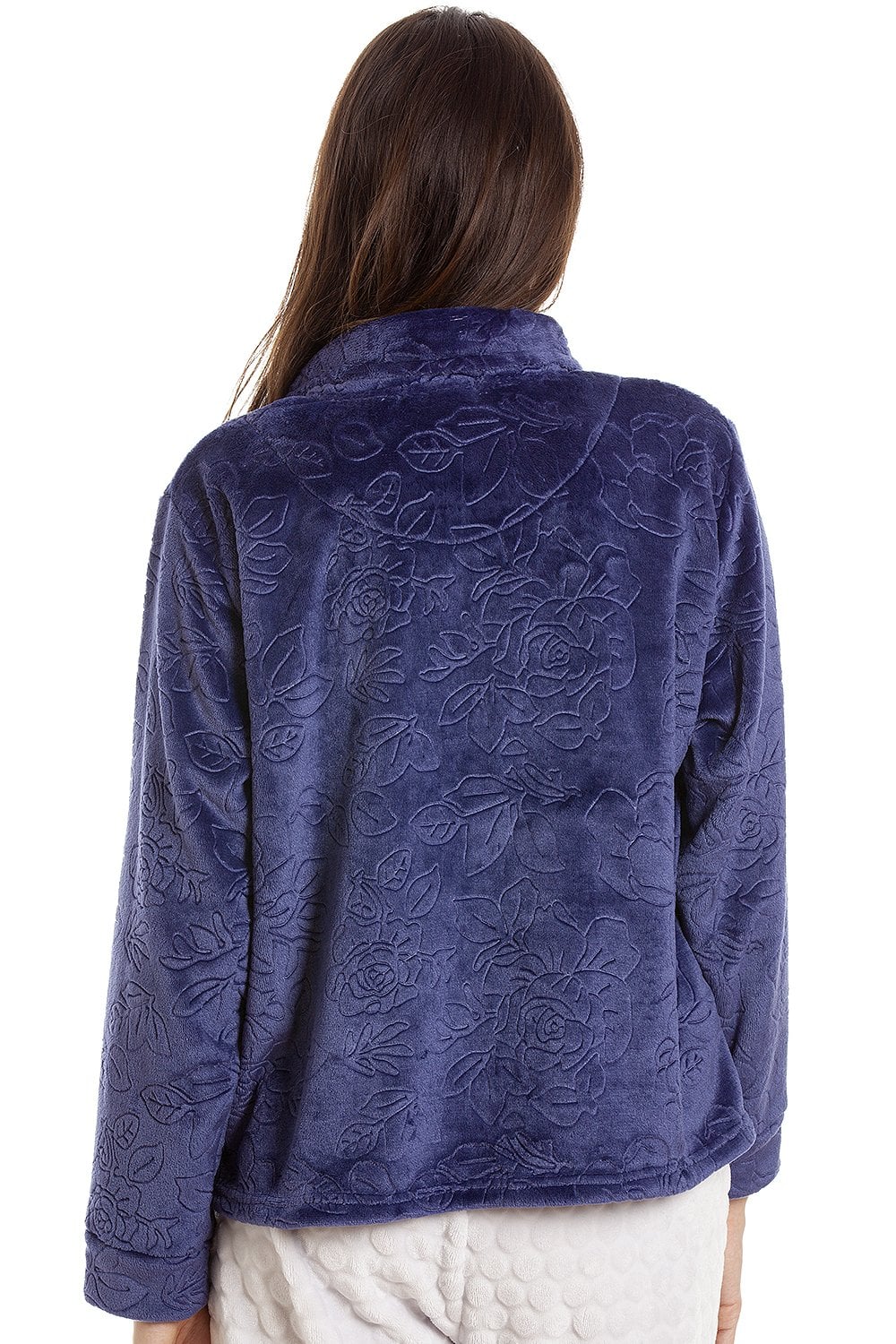 Navy Camille Lingerie Navy Button Up Rose Embossed Bed Jacket, Image 4 of 5