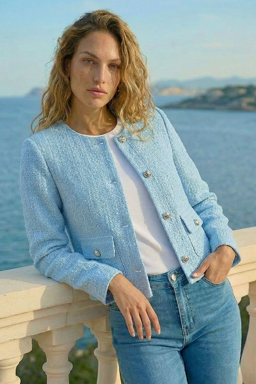 Roman Women's Light Blue Collarless Boucle Jacket Size 12