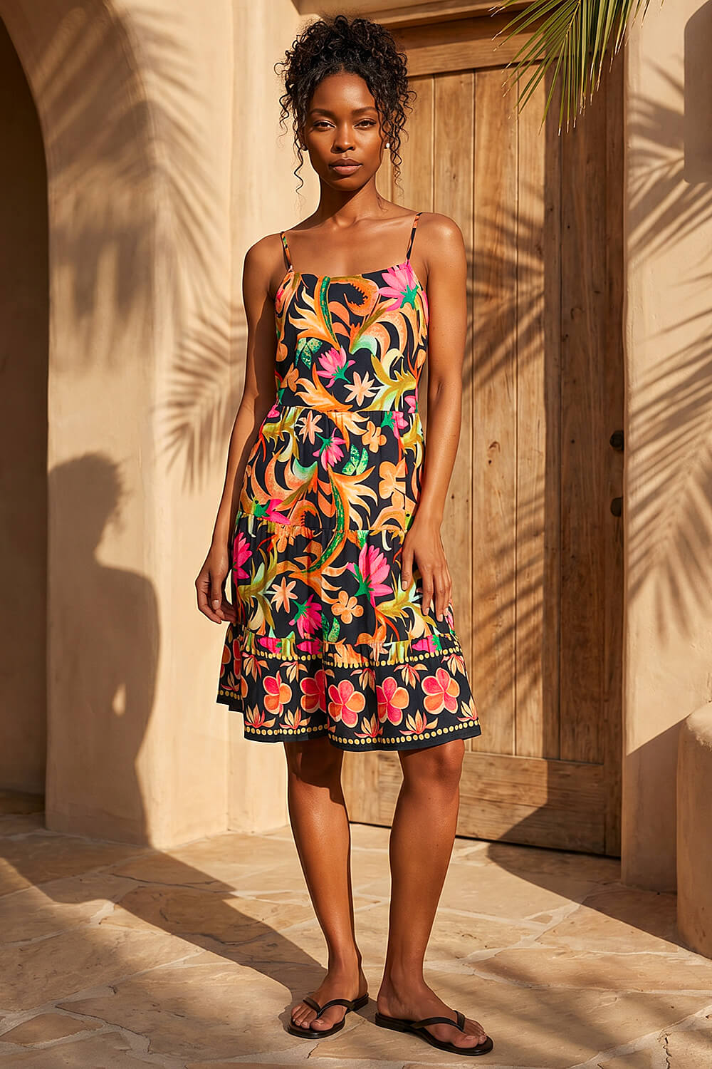 Peach Floral Border Strappy Dress, Image 4 of 4