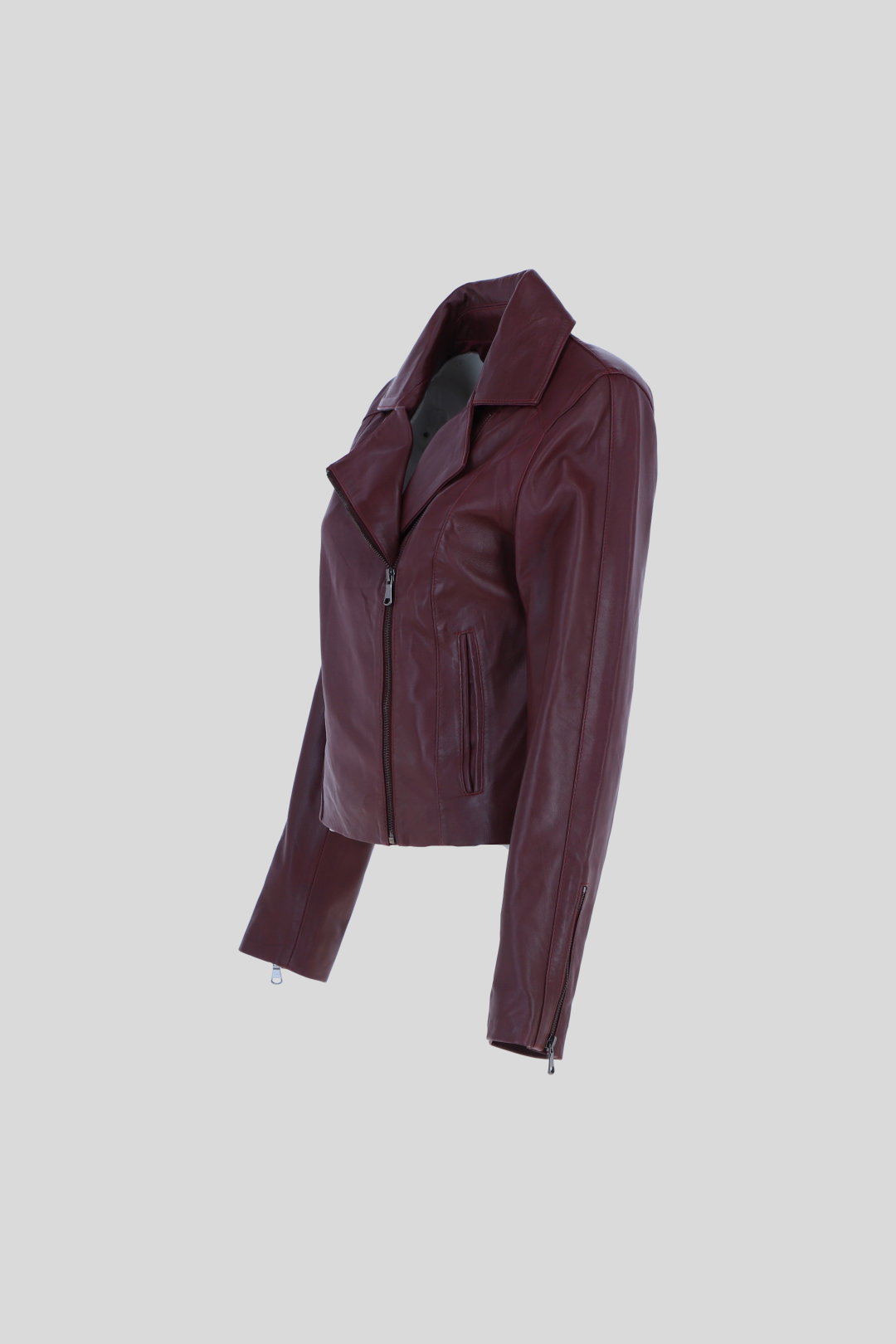Burgundy Real Veg Tanned Leather Plain Biker Jacket, Image 3 of 5