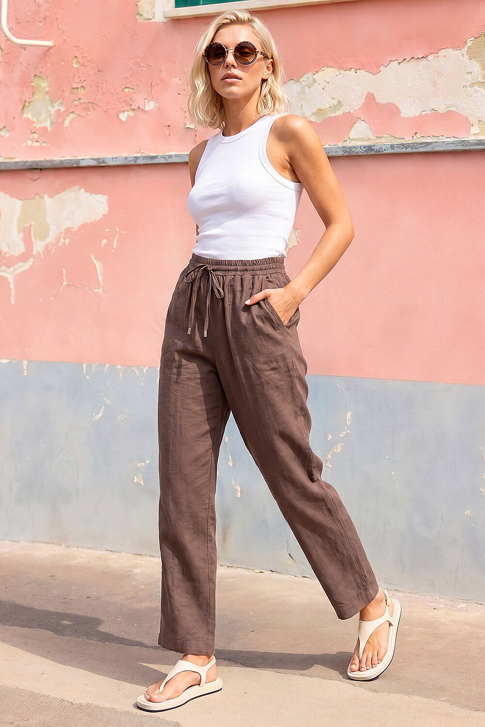 Chocolate Petite Drawstring Trousers, Image 1 of 4