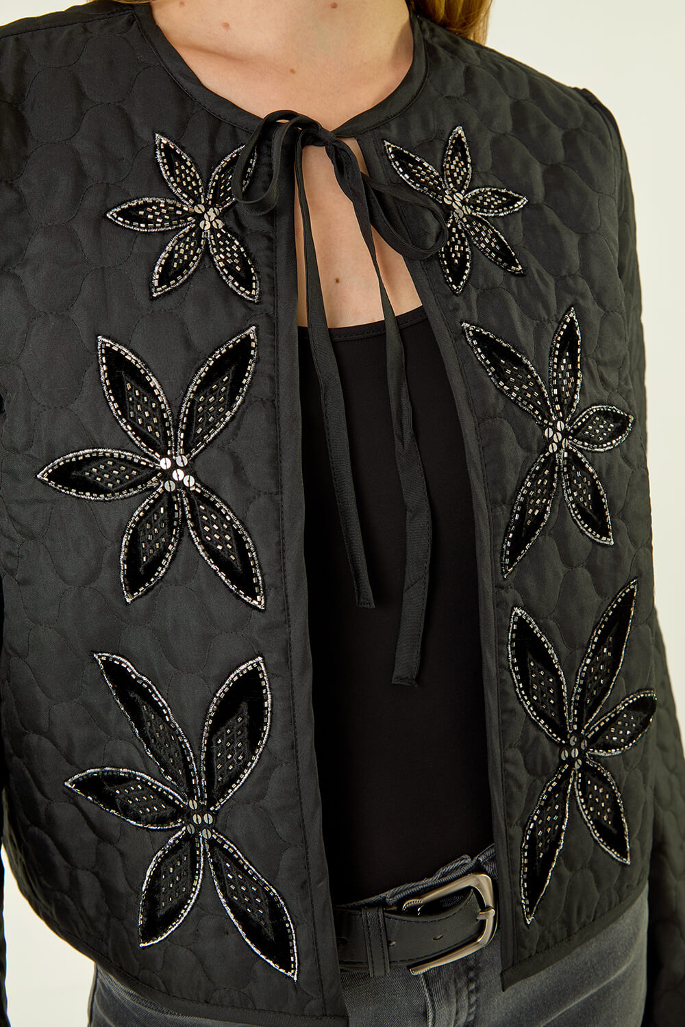 Black Quilted Velvet Trim Jacket, Image 7 of 7