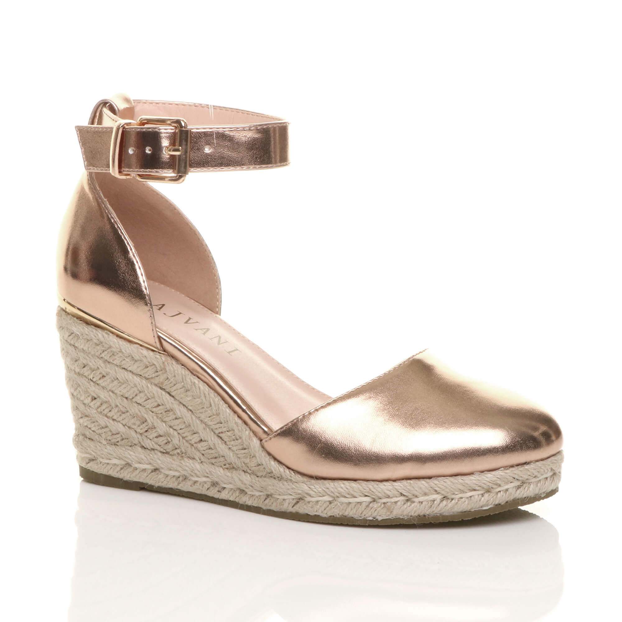 Rose Gold Mid Wedge Heel Ankle Strap Espadrille Sandals, Image 1 of 6