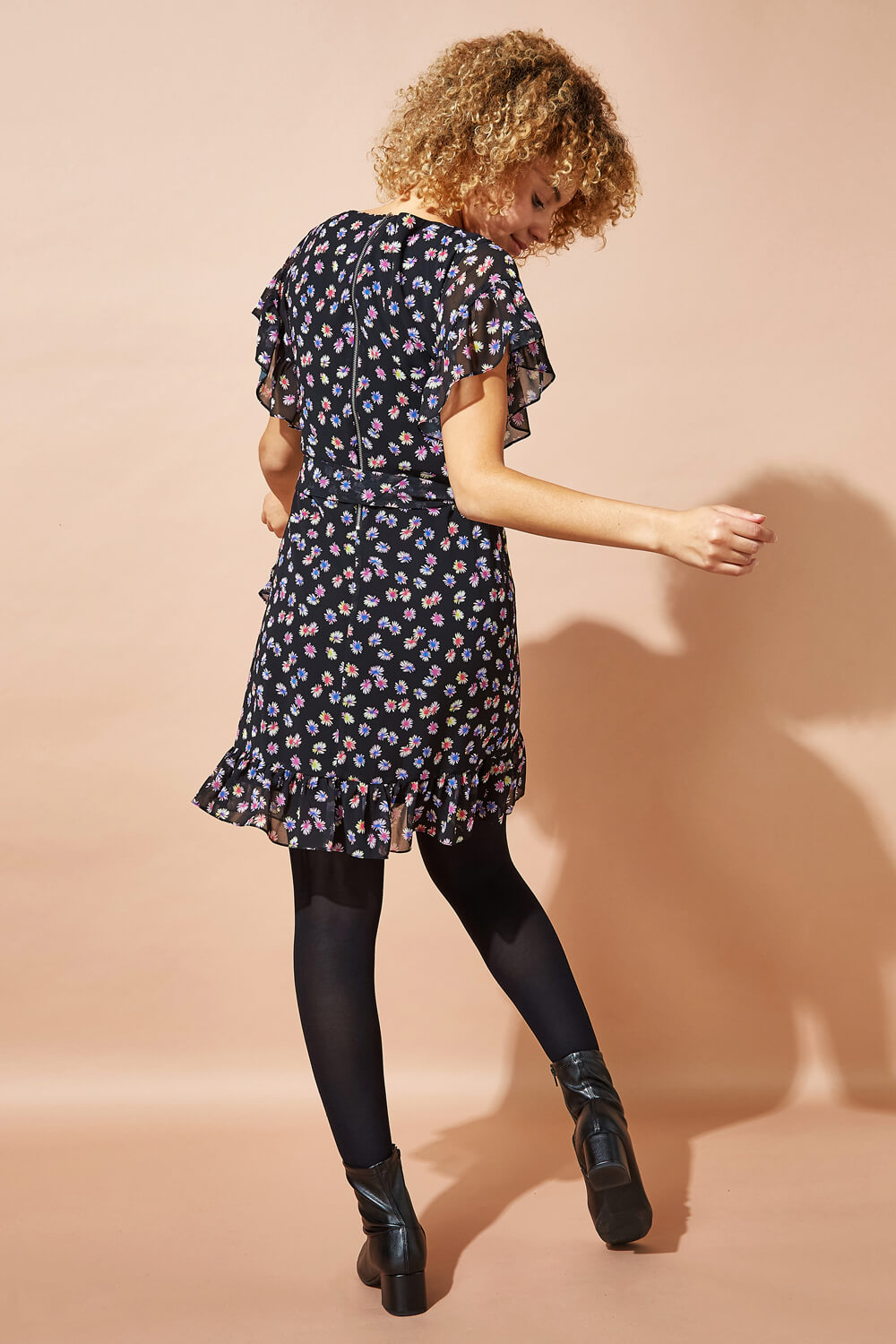 Floral Print Frill Hem Dress in Black - Roman Originals UK
